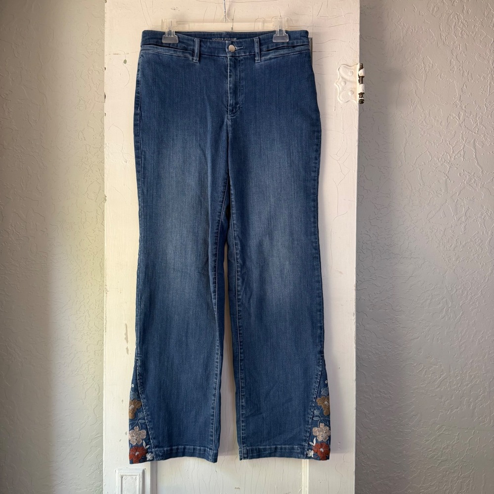 Chicos Trouser Jean 0.5R Blue Denim Floral Embroidered Ankle Slit Straight‎ Leg